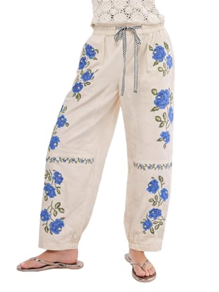 Women's Mid Rise Barrel Jean Embroidered Wide Leg Denim Pants